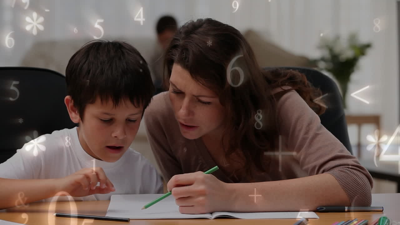 madre ayudando a su hijo con su tarea rodeada de símbolos matemáticos