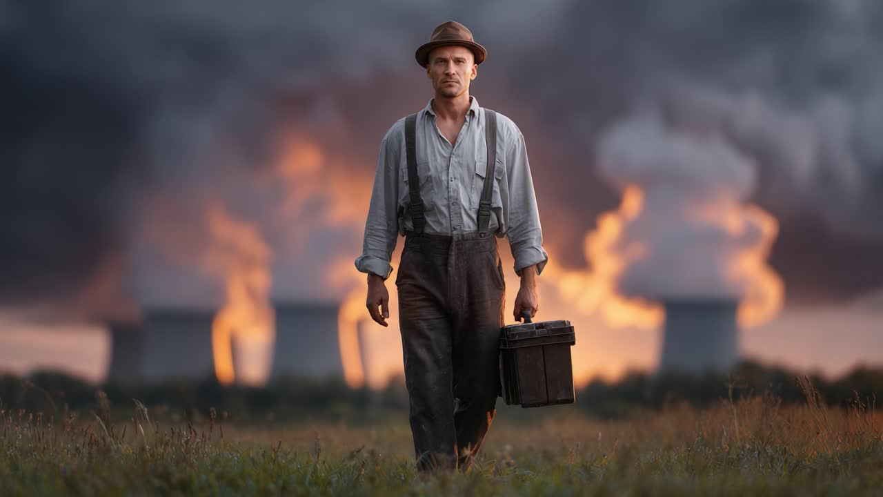 A solitary figure walks towards the horizon, carrying a briefcase amidst the backdrop of industrial power plants and billowing smoke, symbolizing the intersection of humanity and technology