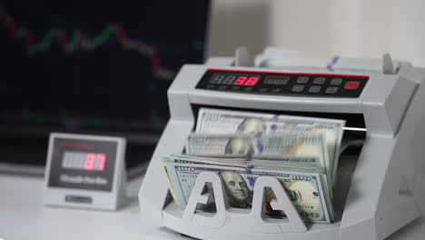 male hand puts a wad of money into counting machine. electronic money cash machine counting one hundred dollar bills. close up. blurred backdrop.
