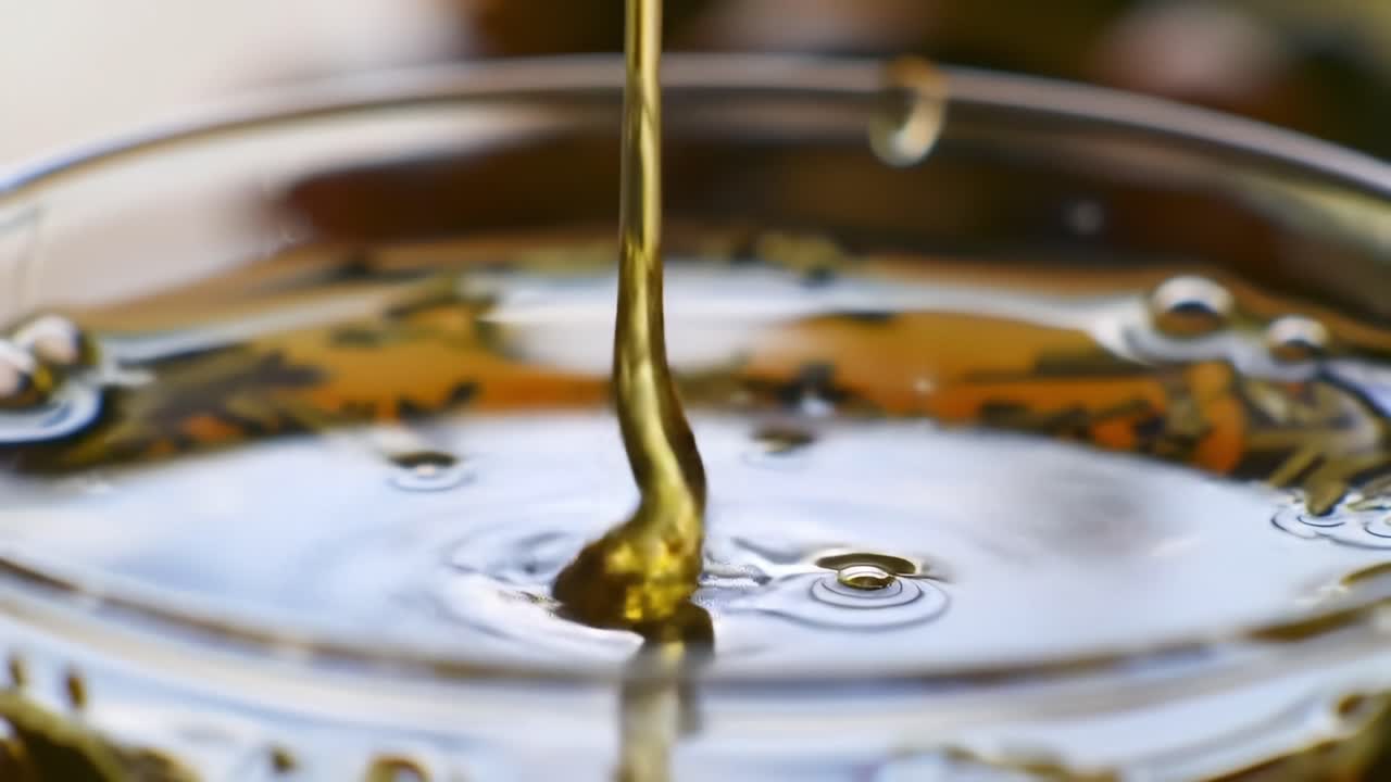 A Vivid Exploration of Thick Oil Flowing Into a Glass Vessel, Capturing the Rich Texture and Golden Hue of the Liquid as It Pours Gracefully and Smoothly