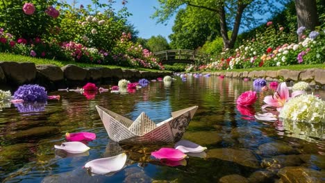a tranquil scene of a paper boat floating on a reflective stream surrounded by colorful blossoms and lush greenery under a bright blue sky