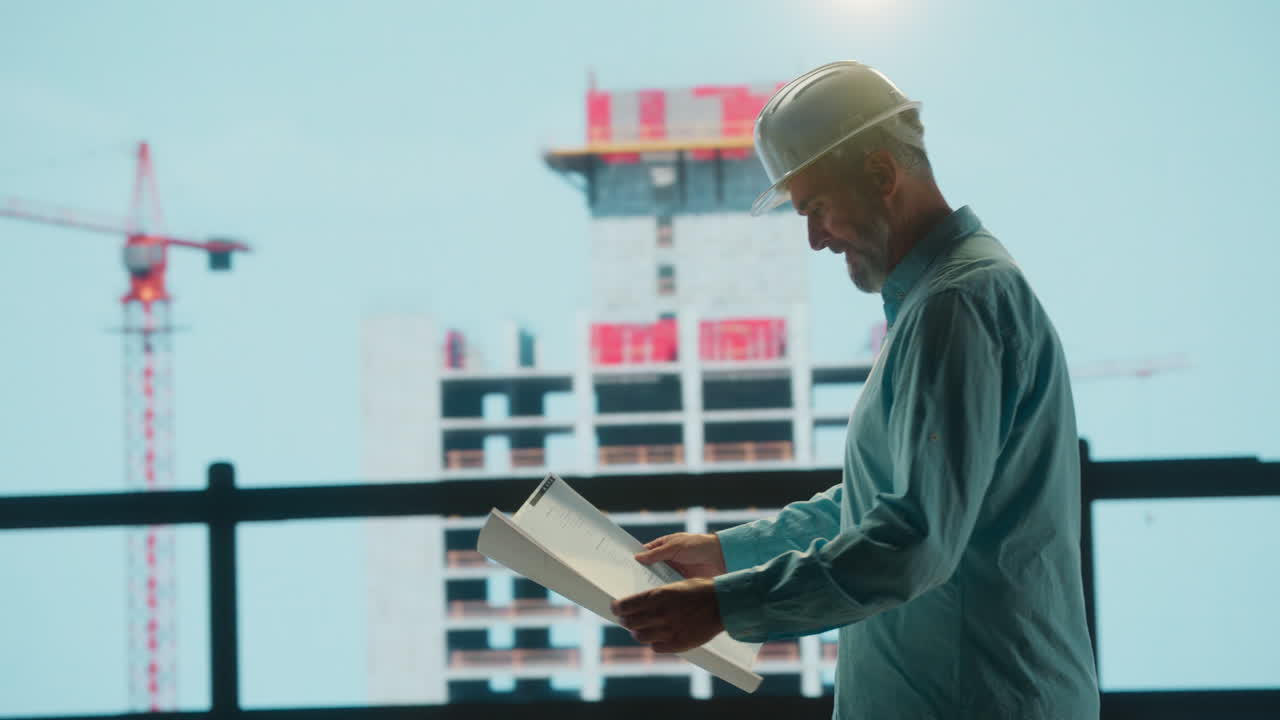Engineer or Architect Reviews Blueprints at Construction Site