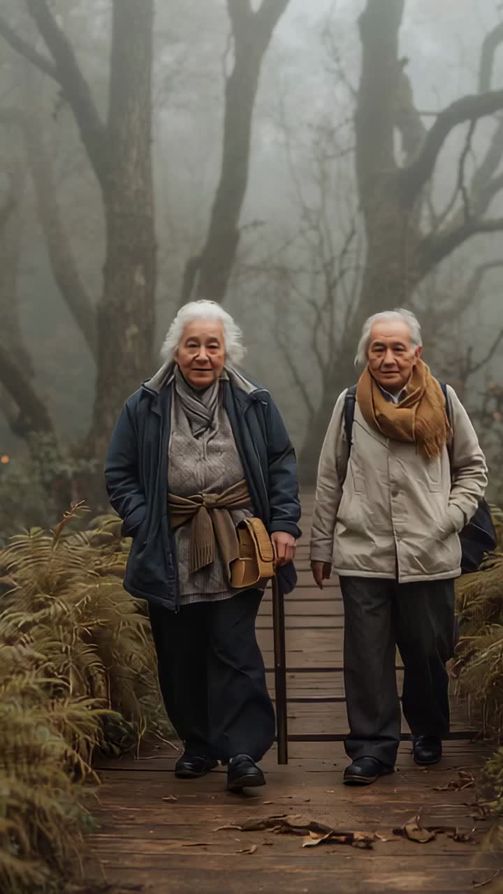 Vertical video: Following cam filming pair in coats walking on misty planks with cane pack together