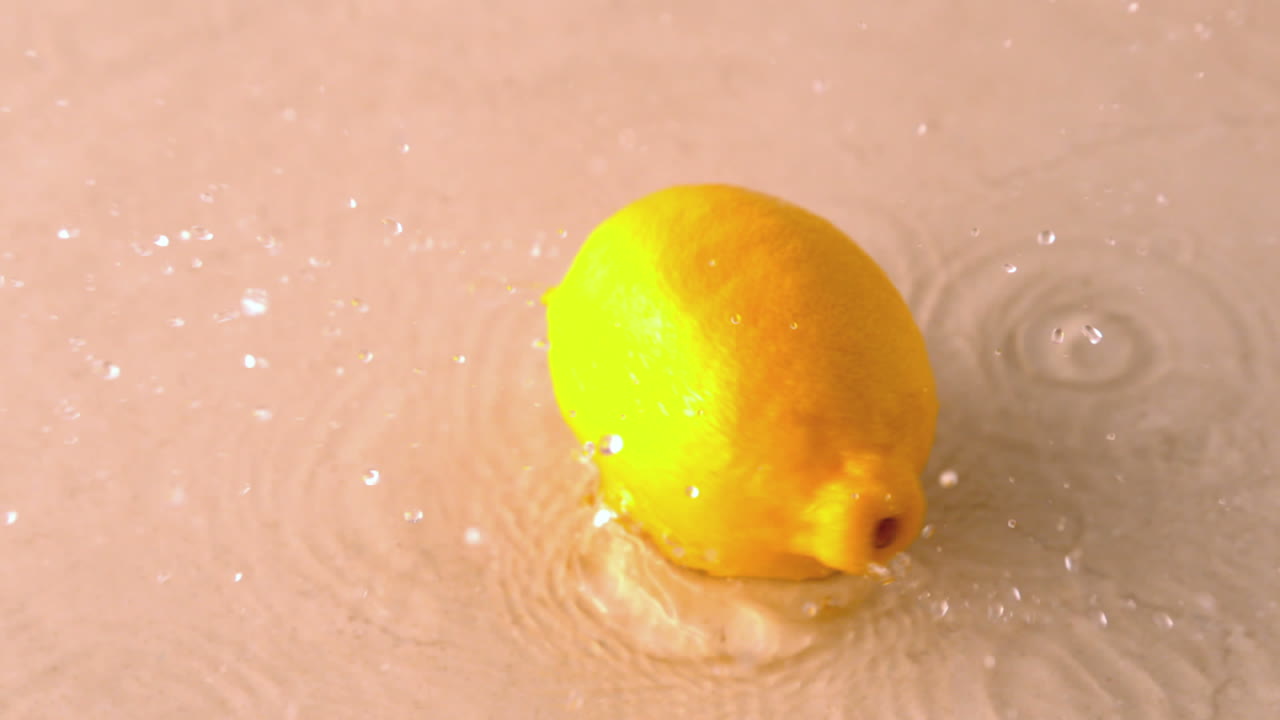 Lemon falling and spinning on wet white surface