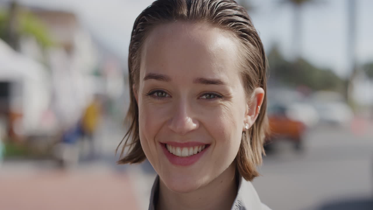 ritratto di una bella giovane donna sorridente felice guardando la telecamera godendo di una calda vacanza soleggiata in estate sullo sfondo di una spiaggia vibrante