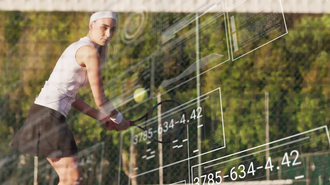 female tennis player swinging racket outdoors, showcasing HUD data graphics for sports technology