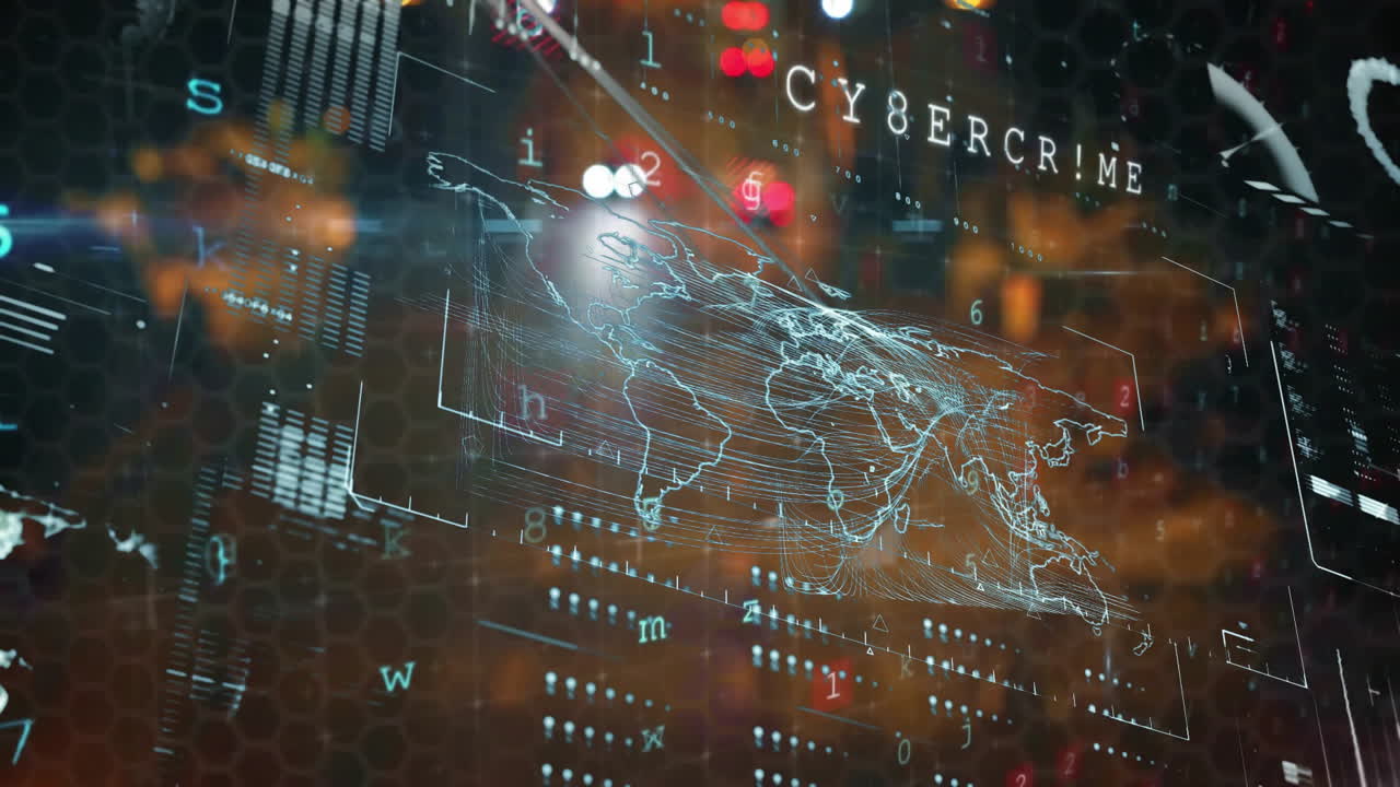 texto de cibercrimen y animación de mapas del mundo sobre datos digitales y fondo de codificación