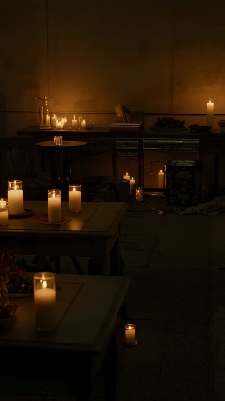 Vertical video: Flickering candles dancing in candlelit room on wood table at start, with grapes