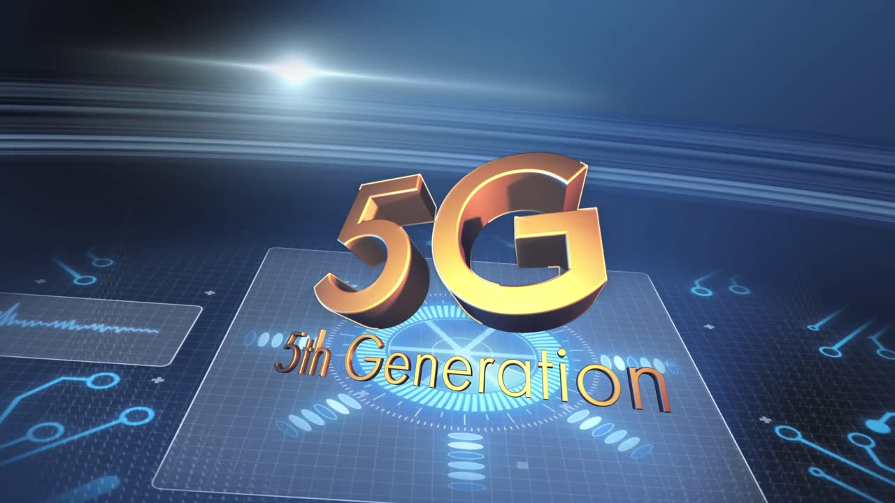 animazione di 5g di quinta generazione, scansione del campo di applicazione e elaborazione dei dati sugli schermi