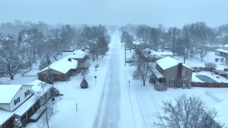 snow-covered suburban neighborhood in the usa with tree-lined streets