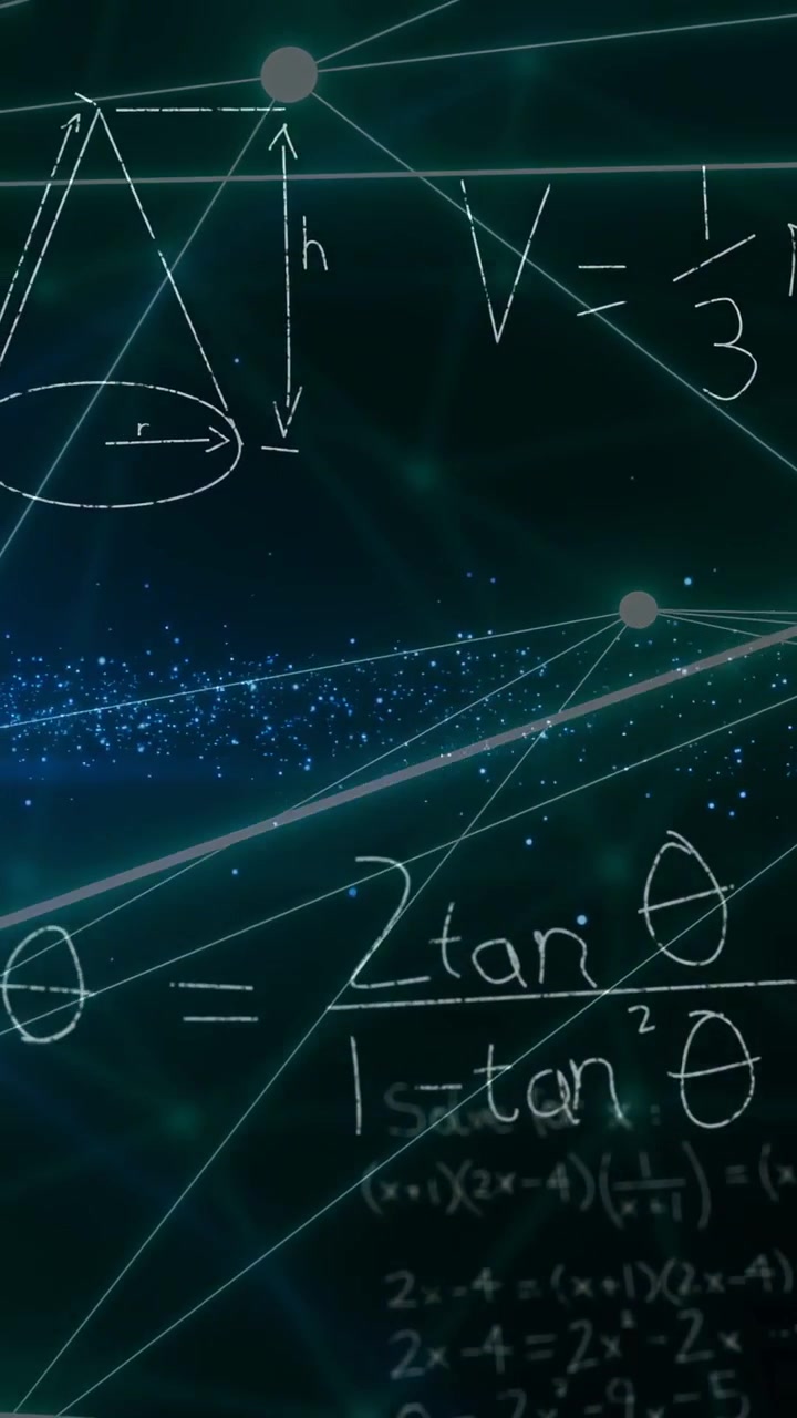 Video verticale: Formule matematiche appaiono, causando lo spostamento dei nodi, il disegno di linee e una formula del cono che mostra la forma.