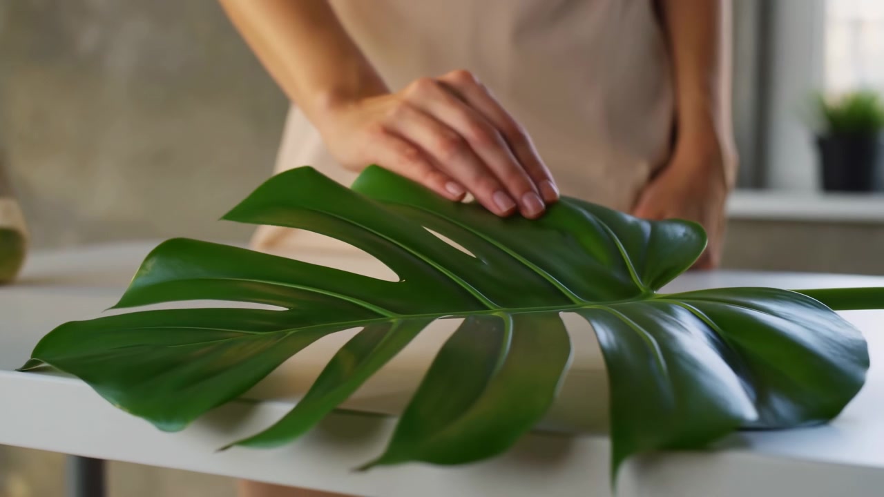 Un primo piano mostra una mano che leviga lentamente un'ampia foglia di monstera su una superficie bianca pulita, con una ricca texture verde, luce naturale dalla finestra, abbigliamento beige e vegetazione interna leggermente sfocata sullo sfondo