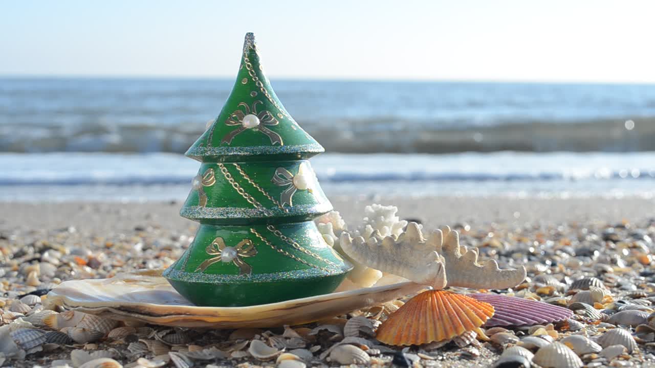 Abete di Capodanno sulla spiaggia. Scatto sulla spiaggia