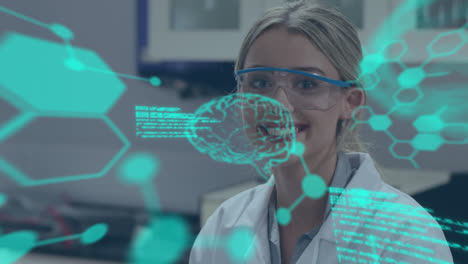 animación de procesamiento de datos y moléculas sobre una doctora que trabaja en el laboratorio
