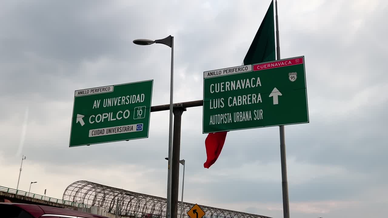 Mexican Flag and Highway Signs in Mexico City