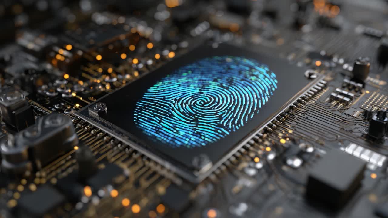 A Close-Up Exploration of Innovative Digital Fingerprint Recognition Technology on a Circuit Board, Illustrating the Intersection of Security and Electronics