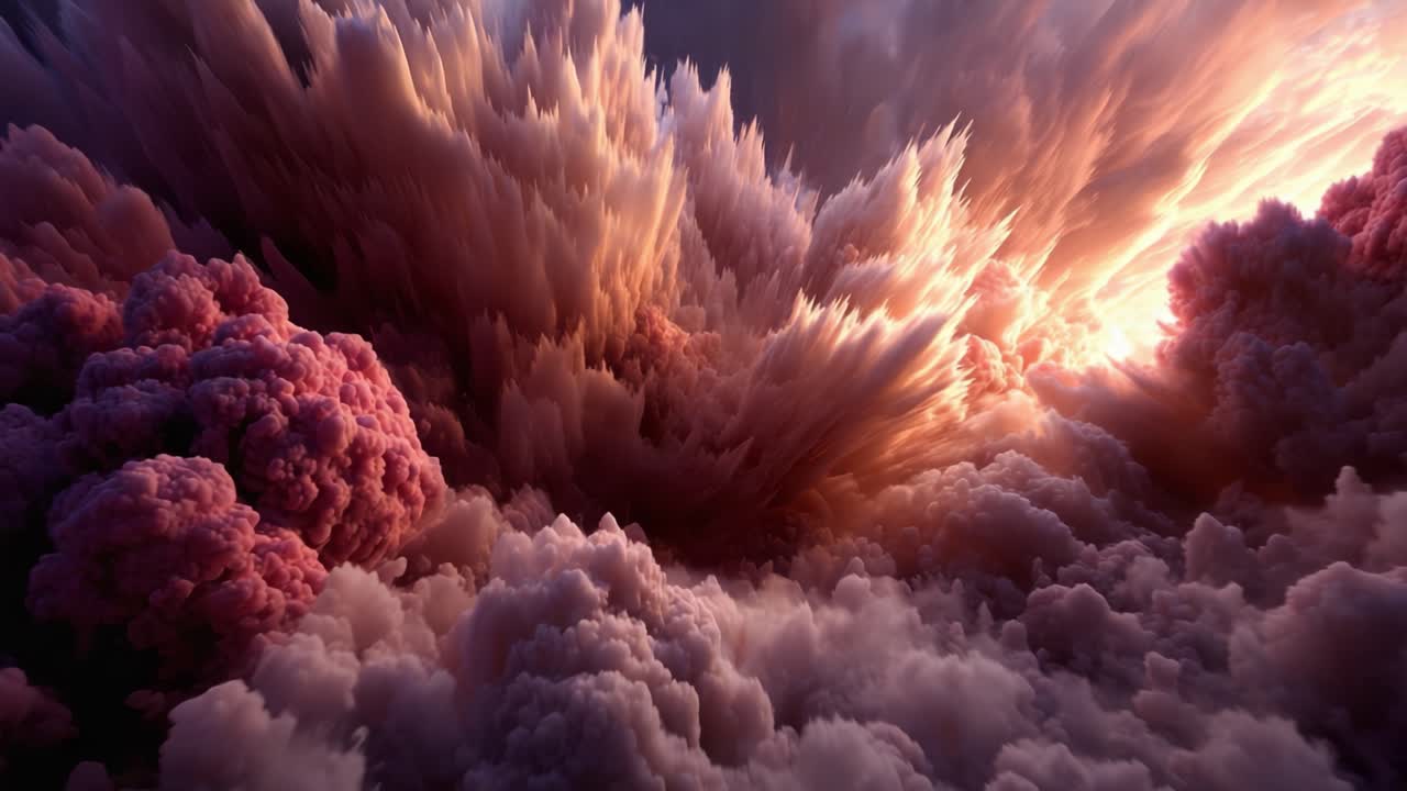 Esplosione dinamica e drammatica di nuvole colorate che emettono bagliori soffusi in un'atmosfera surreale, catturata attraverso due fotogrammi di un video.
