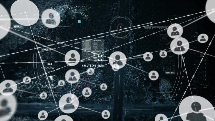 Animation of network of connections with icons over road traffic
