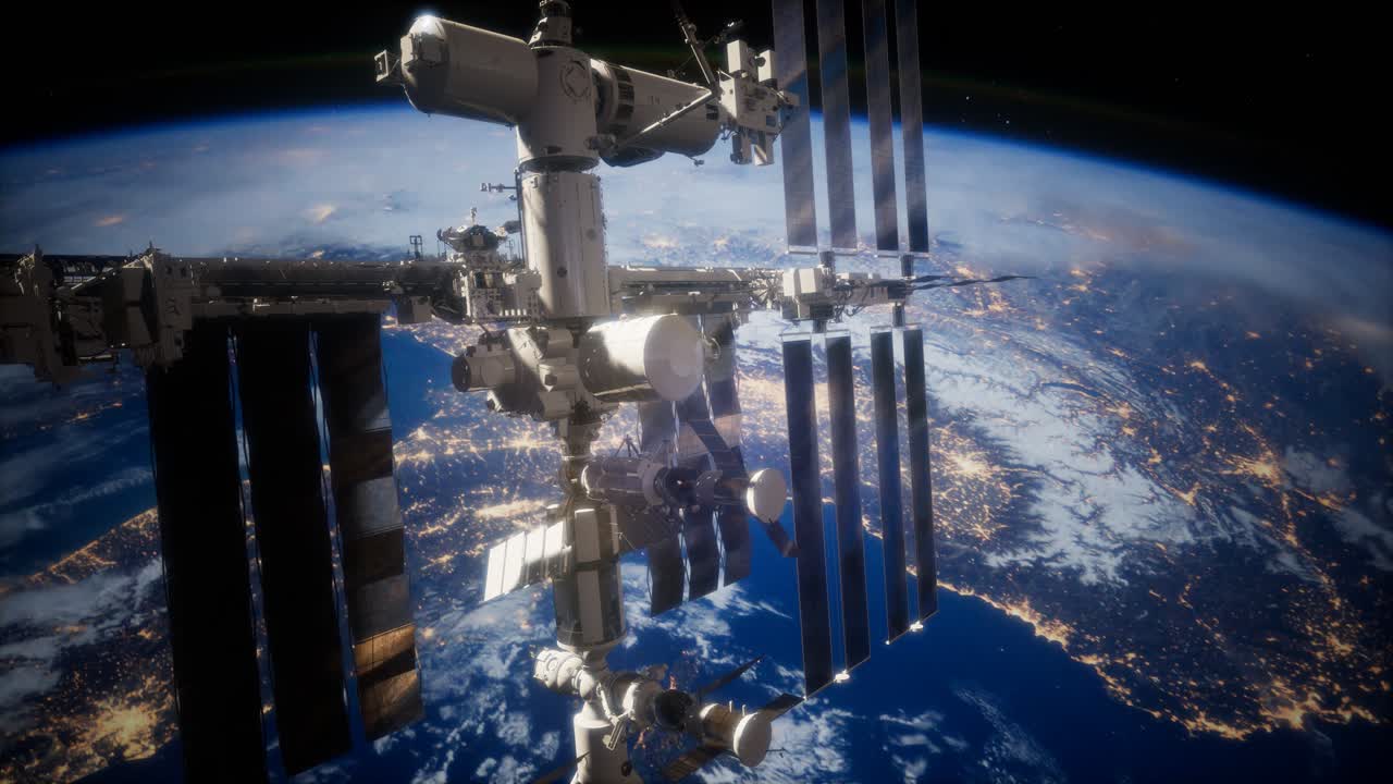 una vista de la tierra y una nave espacial. iss está orbitando la tierra