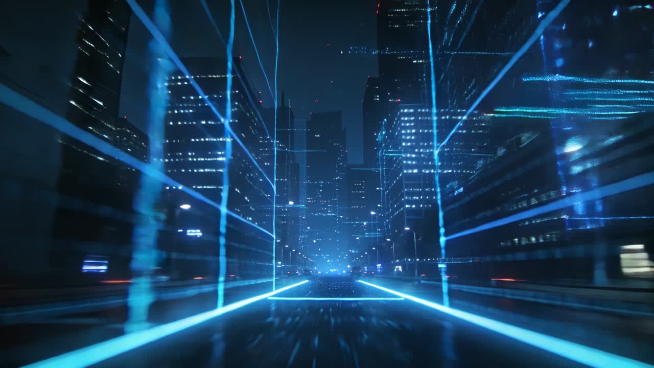 Moving camera forward, neon grid road morphing into wet urban street at night, revealing towers