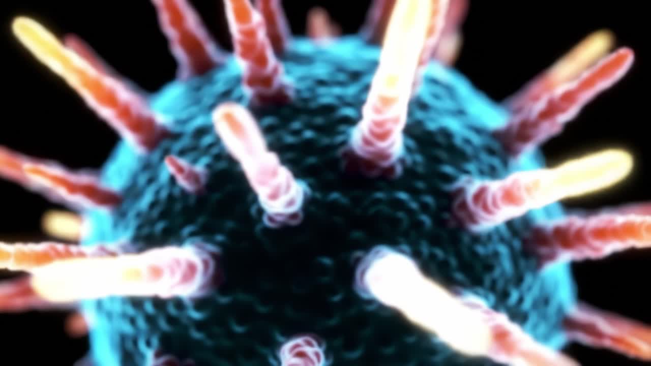 A Close-Up View of a Colorful Microbial Structure, Featuring Radiating Protrusions and a Vibrant, Multicolored Surface in a High-Definition Animation