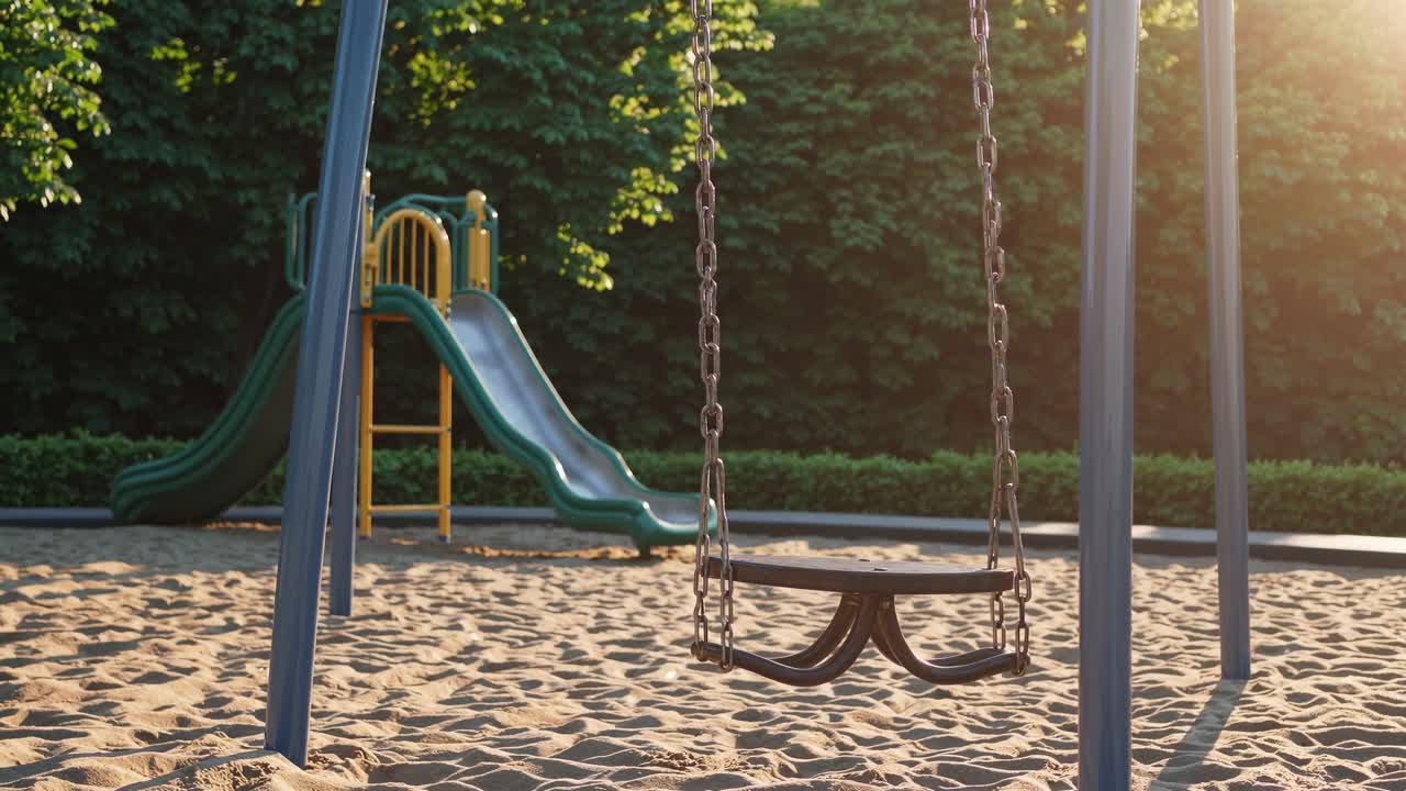Playground scene transitions from swing to slide, capturing the joyful atmosphere of outdoor playtime in a sunlit sandy area