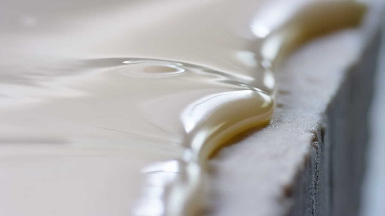 Close-up of melted white chocolate or glaze dripping over an edge