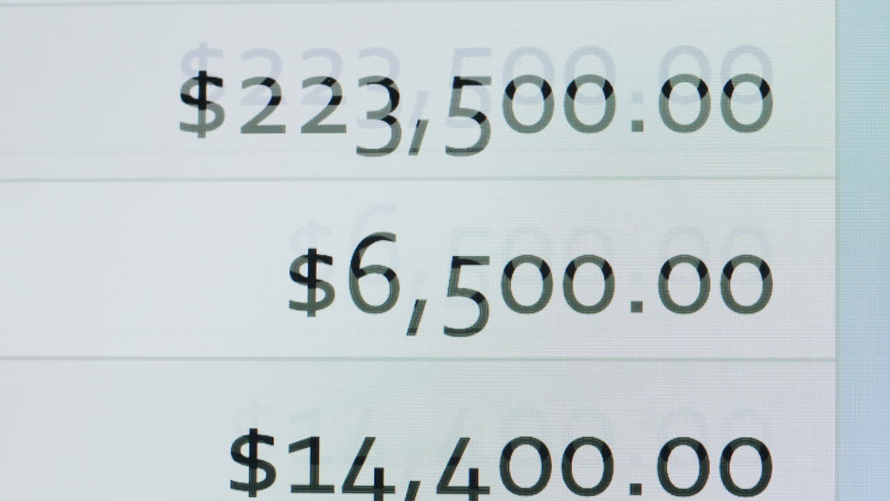 Close-Up of Scrolling Dollar Amounts on a Digital Screen