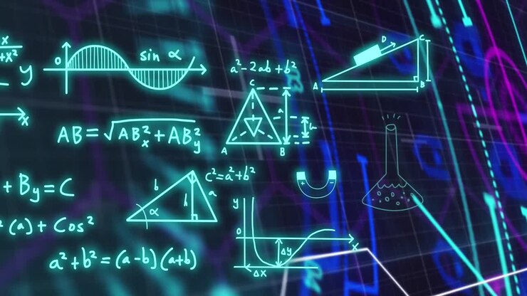 Animation of mathematical formulae and scientific data processing over black background