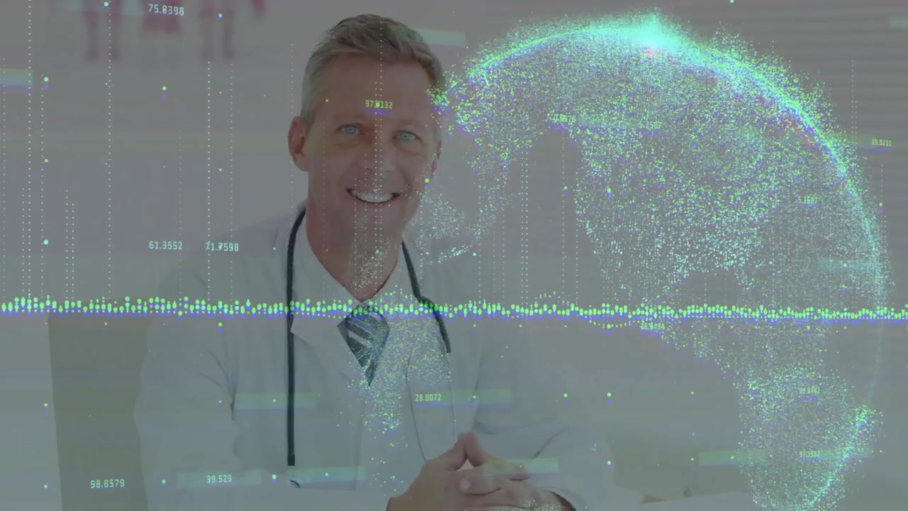 Medico che si gira di profilo seguendo una scansione a onda del globo e analizzando dati medici in clinica
