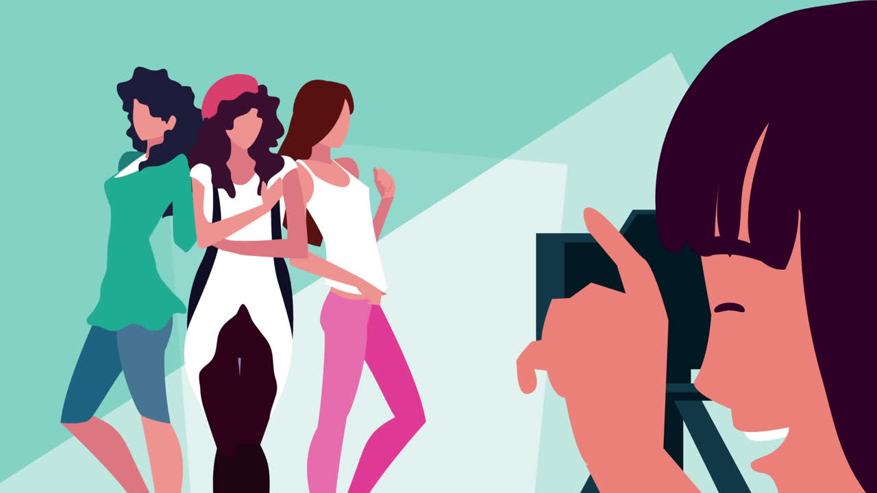 모델들과 사진을 찍는 여성 사진작가