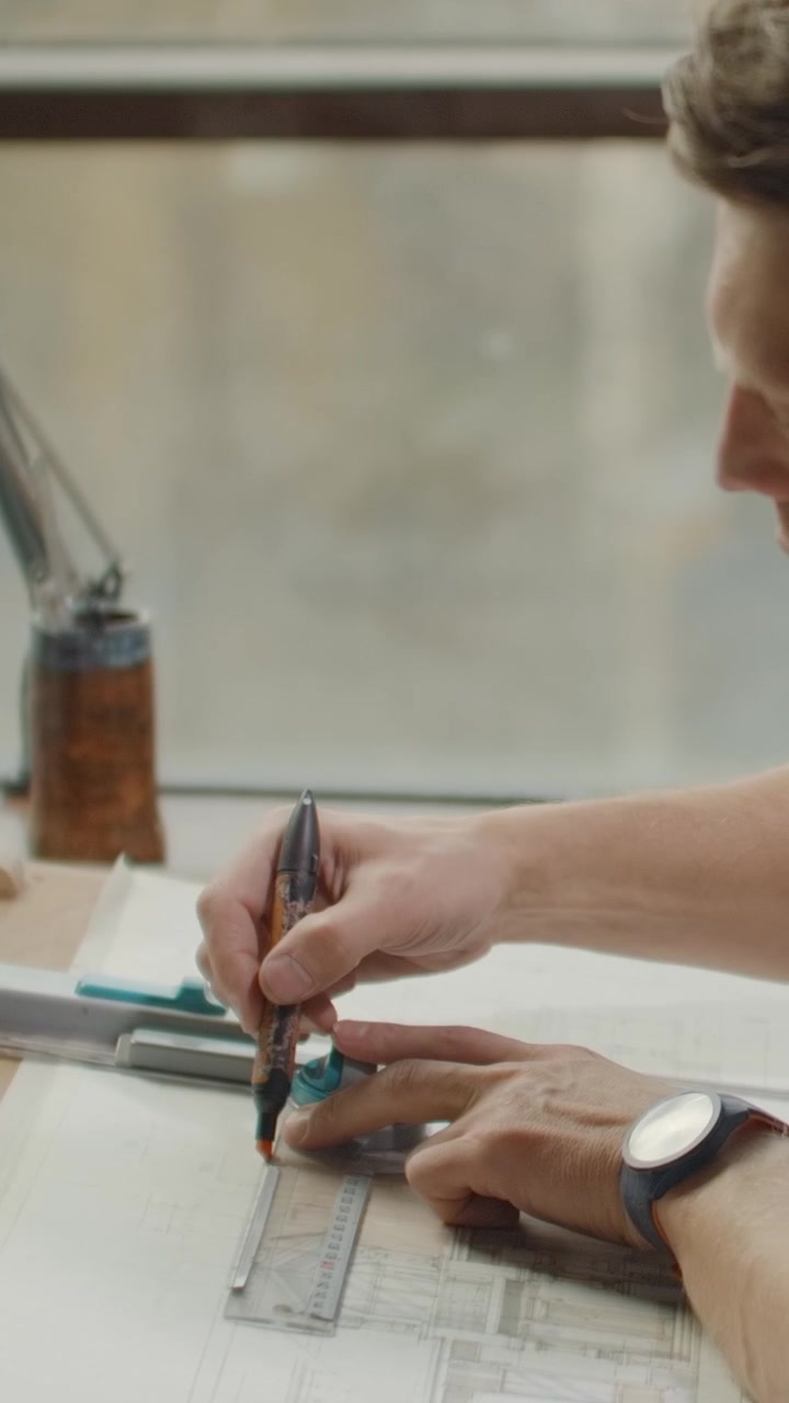 Architect Working on Technical Drawing in Office