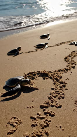baby sea turtles hatchlings crawl towards the ocean on a sandy beach