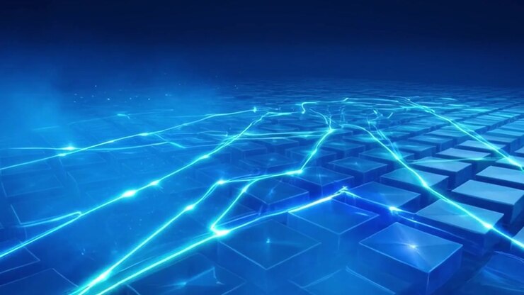 Rete Digitale Astratta che Collega Cubi Blu Luminosi nel Cyberspazio