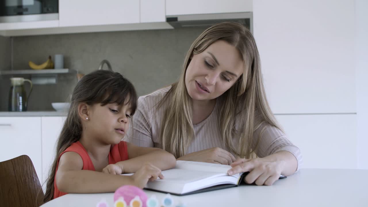 madre enseñando a leer a su hija pequeña