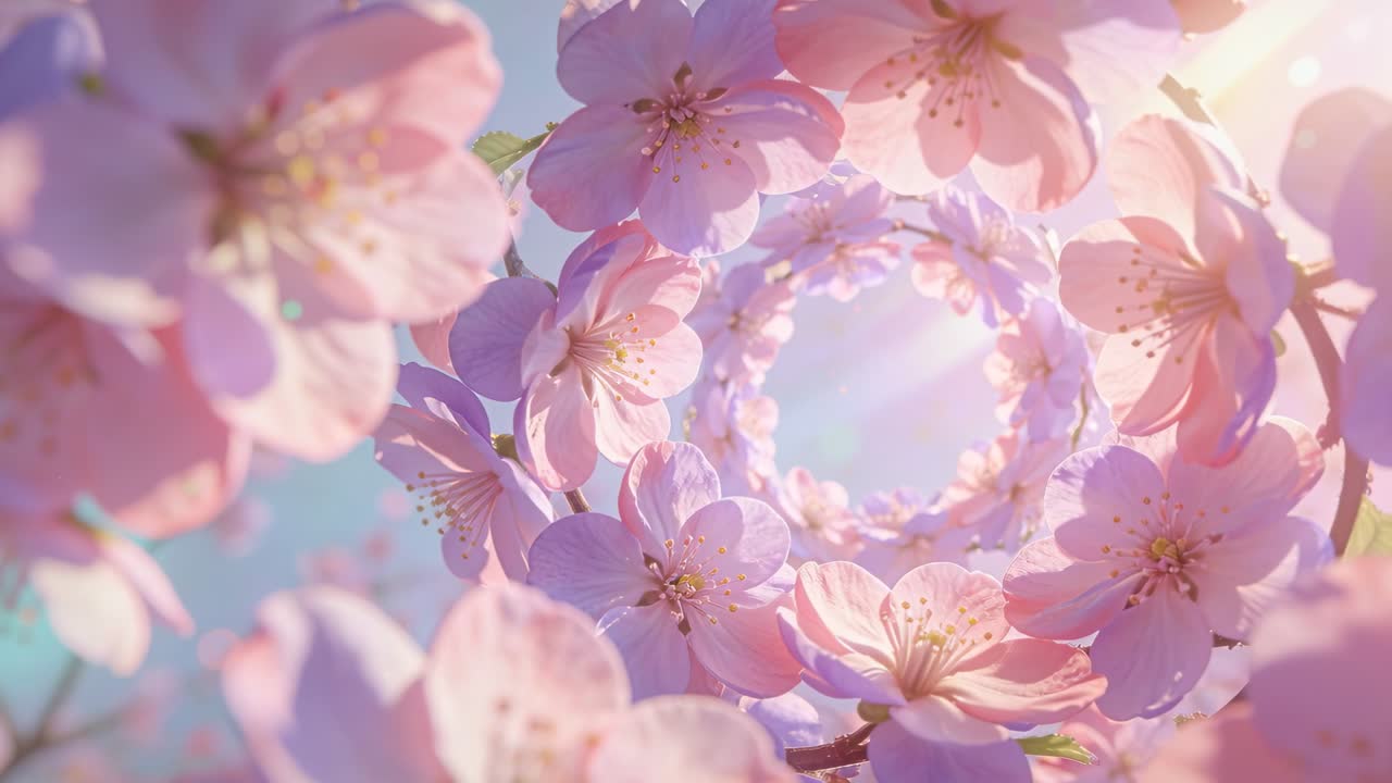 鏡頭拉遠，展現花園中的圓形花卉隧道，顯示其內環和飄散的花瓣。
