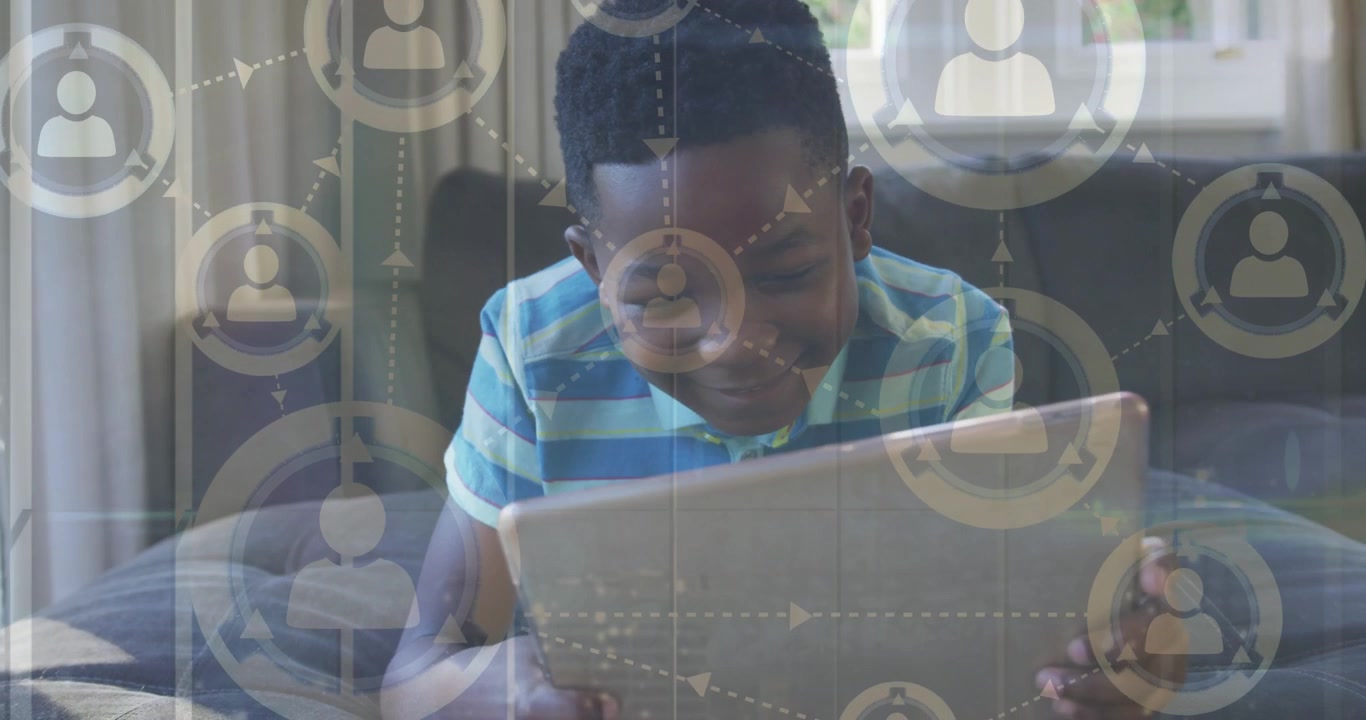 Vertical video: Holding tablet close, boy in polo reacting and tilting it at home, network overlay