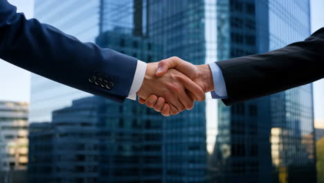 business handshake in front of skyscrapers