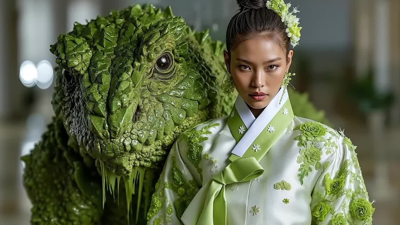 A woman in a green dress standing next to a green dinosaur