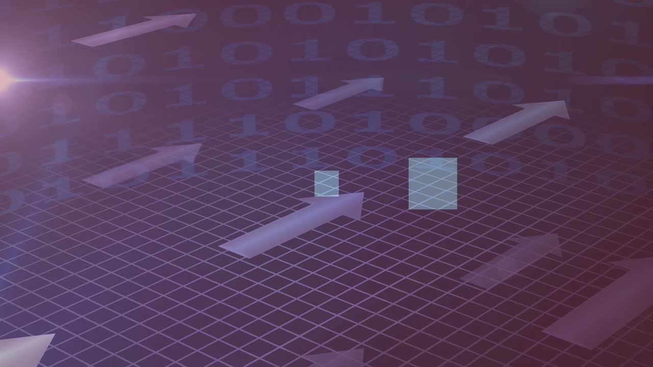 Animation of arrows and binary coding data processing over purple background