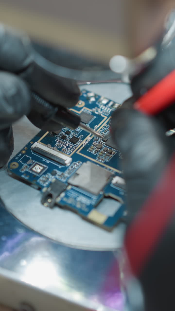 una vista de cerca de la mano de un técnico en un guante negro usando un alambre de voltímetro para probar un circuito bajo un microscopio