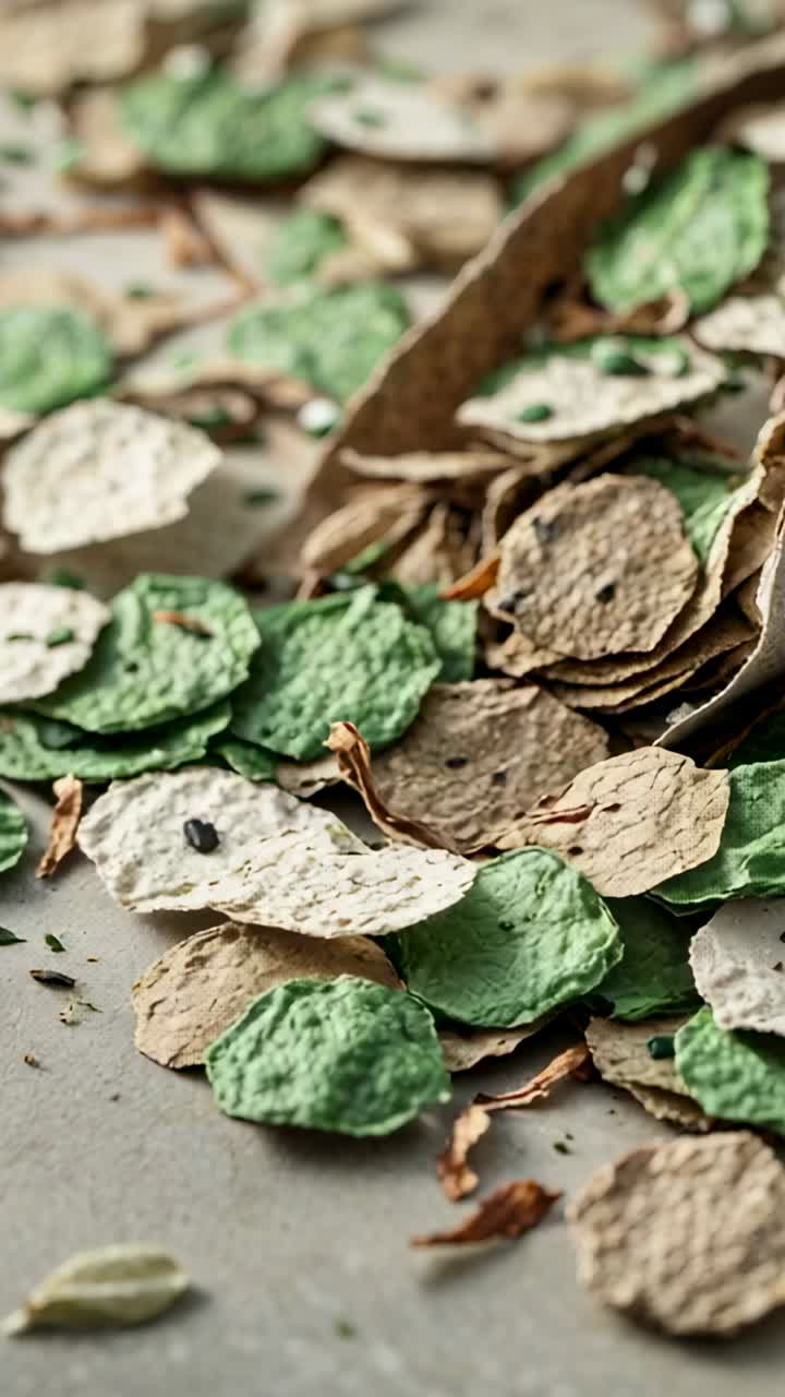 Vertical video: Falling beige oval pellets settling among flakes and seed bits on countertop