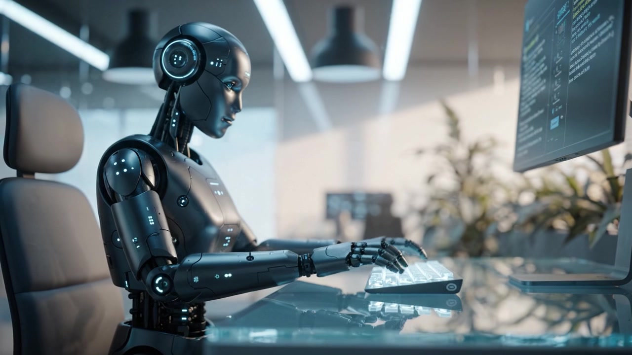 Assistente robotico futuristico impegnato in attività di programmazione informatica, che mostra una tecnologia IA avanzata e un'interazione fluida con le interfacce digitali.