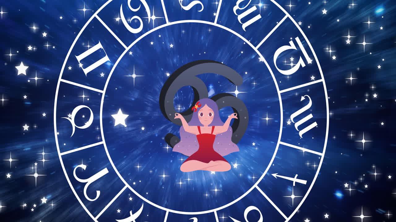 animación del signo de la estrella del cáncer dentro de la rueda giratoria de los signos del zodiaco sobre las estrellas en el cielo azul