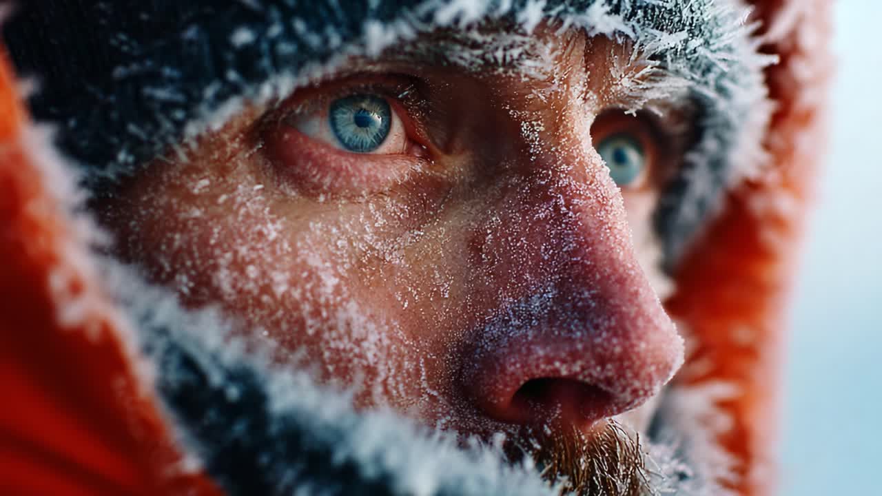 A close-up of a frost-covered face revealing piercing blue eyes, showcasing the harshness of cold weather and the resilience of the human spirit in extreme conditions