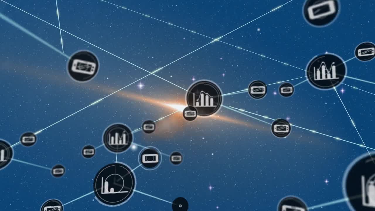 animación de iconos conectados sobre llamaradas de lentes y puntos contra fondo azul