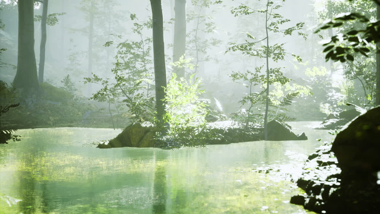 Serene forest landscape with mist and tranquil green waters