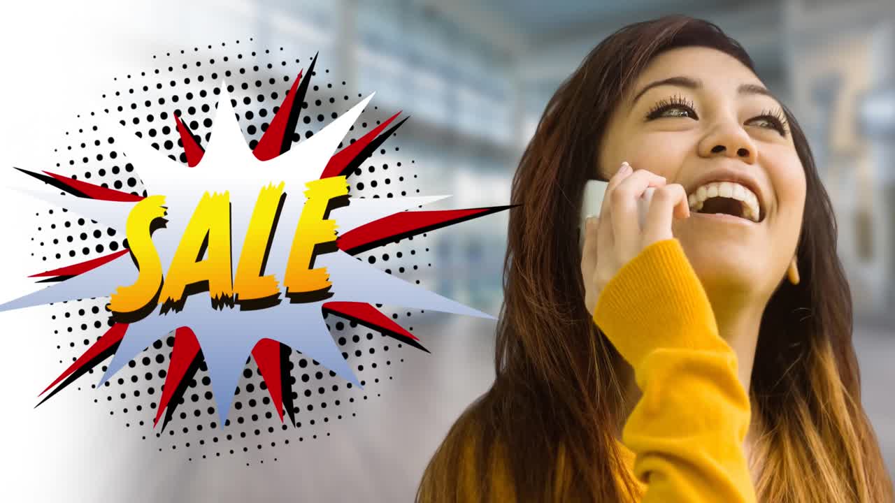 Animation of sale text over happy caucasian woman