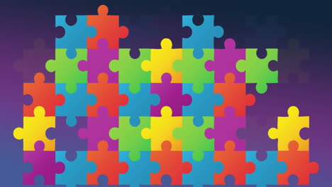 animation of multi coloured puzzle elements forming symbol of autism awareness month symbol