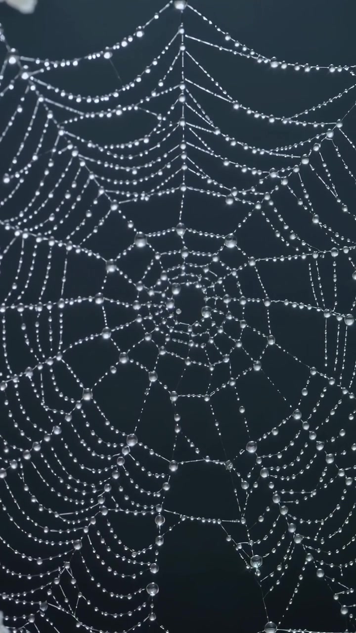 Vertical video: Showing orb web glinting in garden with soft light shifting, water droplets beading